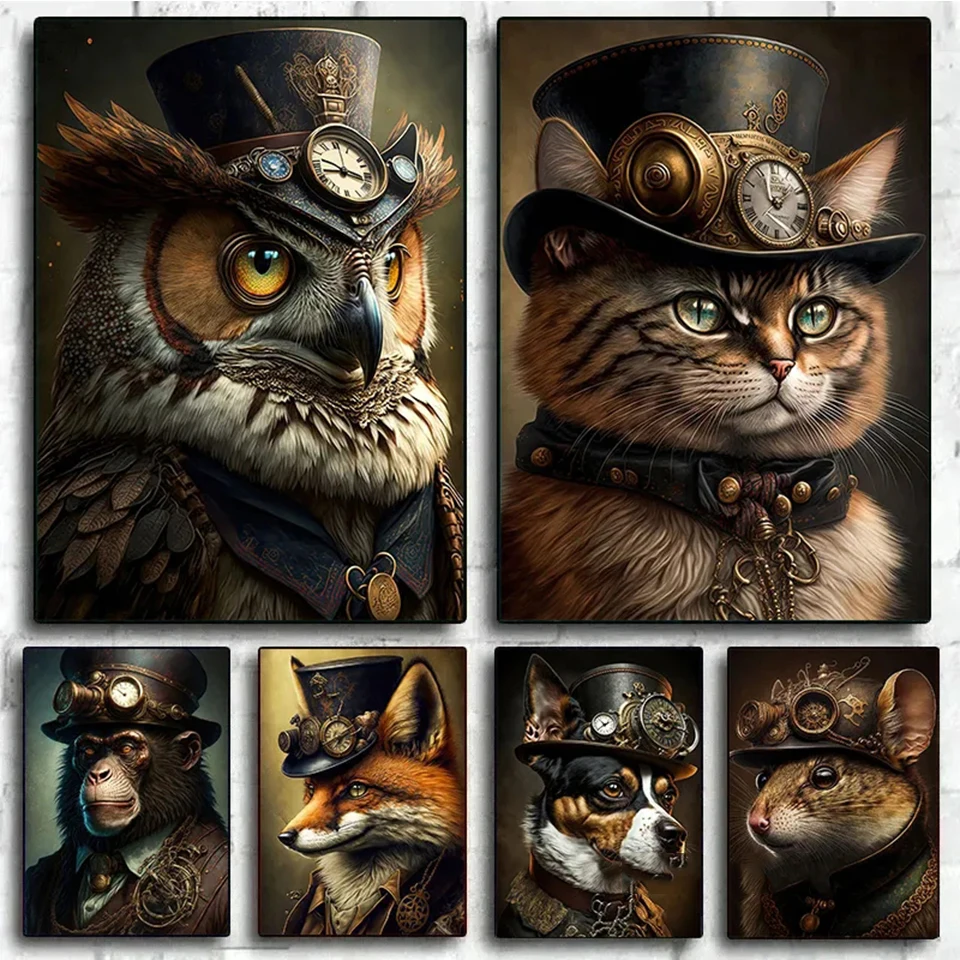 Full Round Drill Diamond Painting Vintage Owl Cat Raccoon Ape Steampunk Animal Portrait Diamond Embroidery Mosaic Art X1298