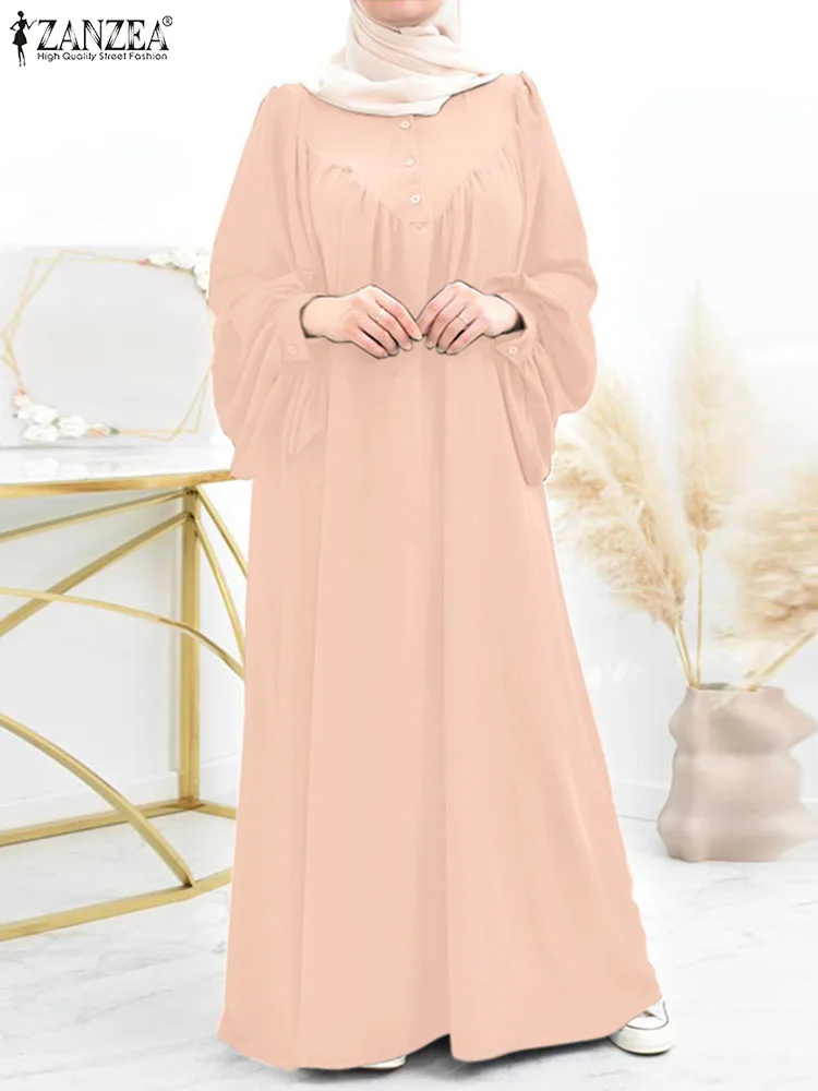 ZANZEA Muslim Hijab Dress Oversize Robe Turkey Abaya Long Sleeve Solid Maxi Sundress Ramadan Abayas For Women Isamic Clothing