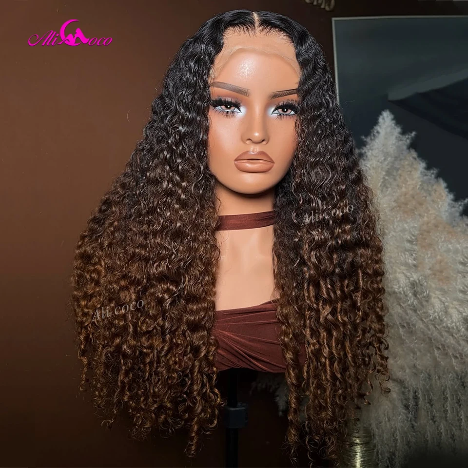 

Kinky Curly Remy Human Hair 1B Brown Ombre Black Transparent Lace Front 5X5 Closure Wigs 180 Density Brazilian Pre Plucked Women