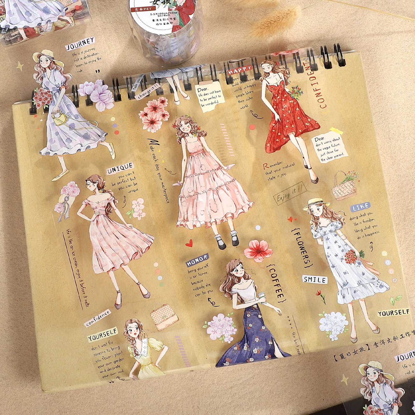 fita-pet-criativa-de-55mm-5m-com-personagens-de-meninas-e-flores-de-verao-para-diario-colagem-e-scrapbooking