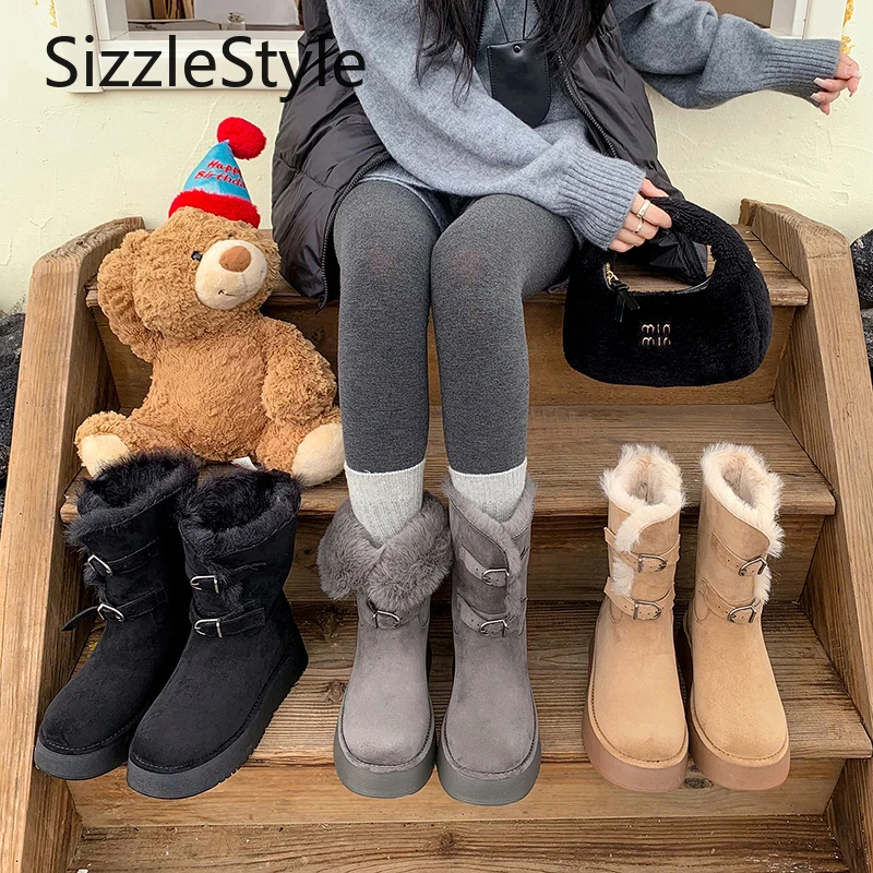 

Stylish Round-toe Suede Boots with Simple Stitching, Fold-over Buckle Design, Thick and Warm Sole, Perfect for Winter Women.
