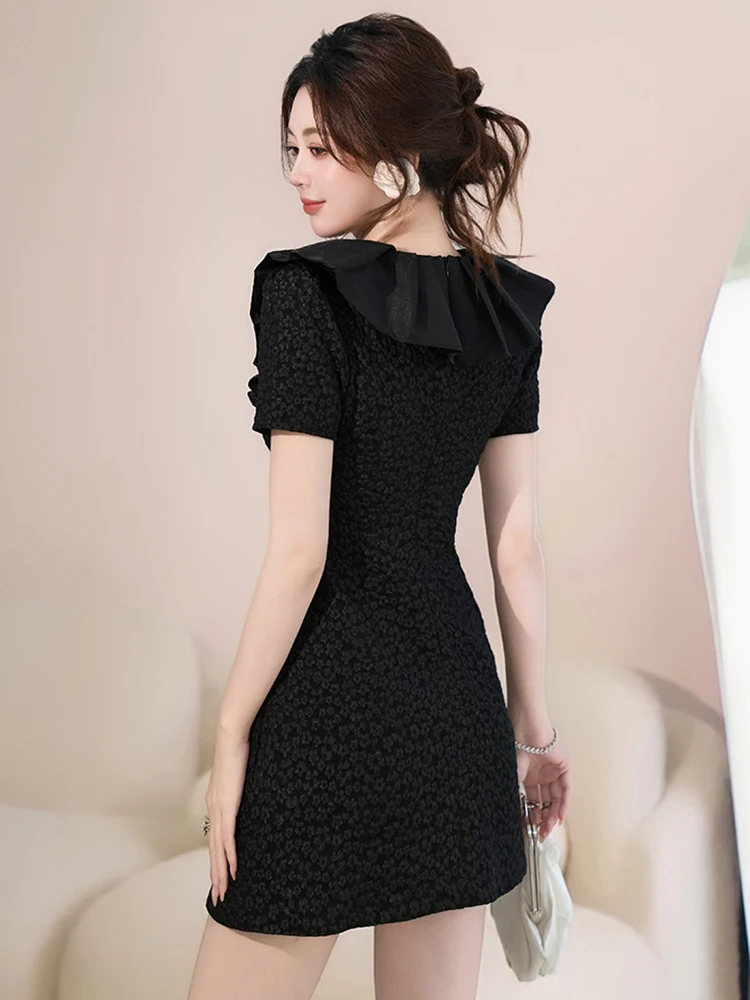 Frauen Kleidung Retro Jacquard Schwarz Rüschen V-ausschnitt Schlank A-Line Kurzes Kleid Elegante Dame Party Prom Vestido Casual Süße Sommer Neue