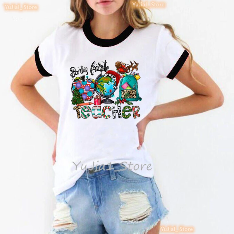 

Santa'S Favoite Teacher Graphic Print T-Shirt Women'S Clothing Merry Christmas Gift Tshirt Femme Cool Apple Globe T Shirt Female