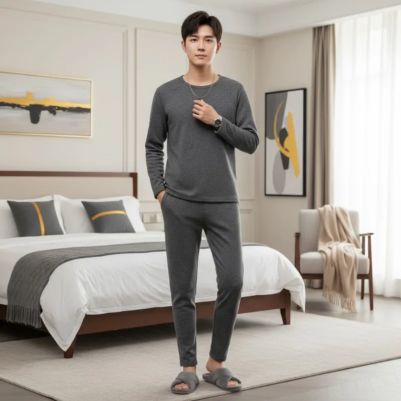 

Crew Neck Thickened Warm Inner Wear Suit, Gene-free Winter Long-sleeved T-shirt and Trousers Two-piece Set