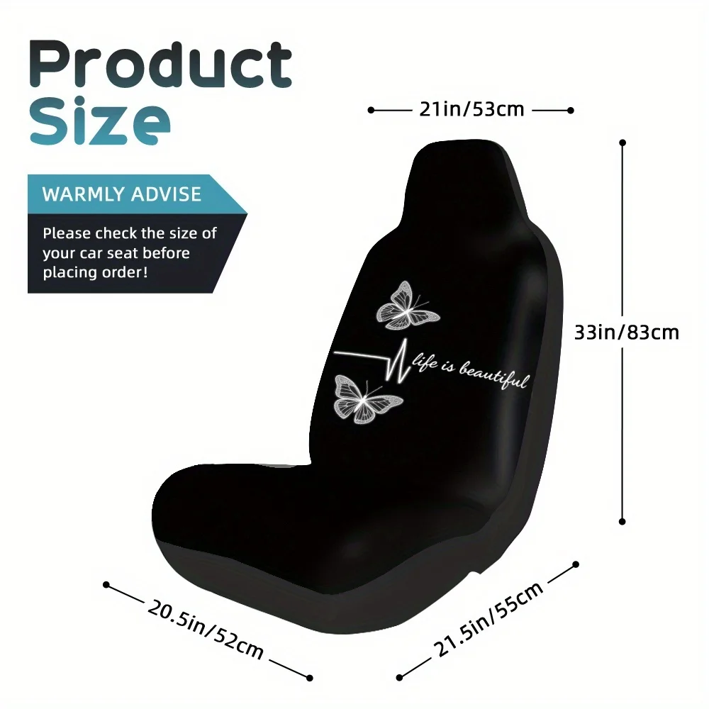2pcs, Front Seat Cover Set Butterfly Heartbeat Black Print, Comfort, Universal Fit, Durable Design Enhance Your Car Interior Sty