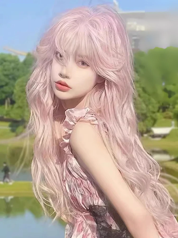 Pink Long Curly Hair Big Wave Cos Universal Light Girl Lolita Jk Full-Head Wig