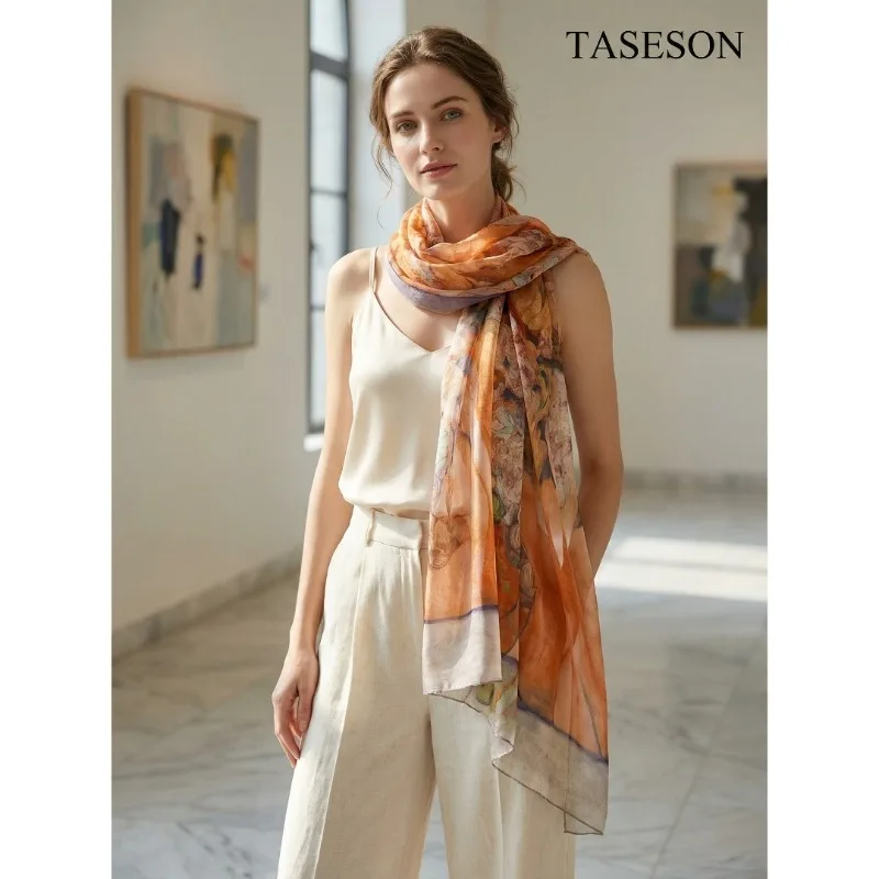 Lightweight 100%Mulberry Silk Chiffon Scarf for Women Oblong Shawl Neck Scarf Beach Wrap Headscarf Gift Pack Orange Oil Painting