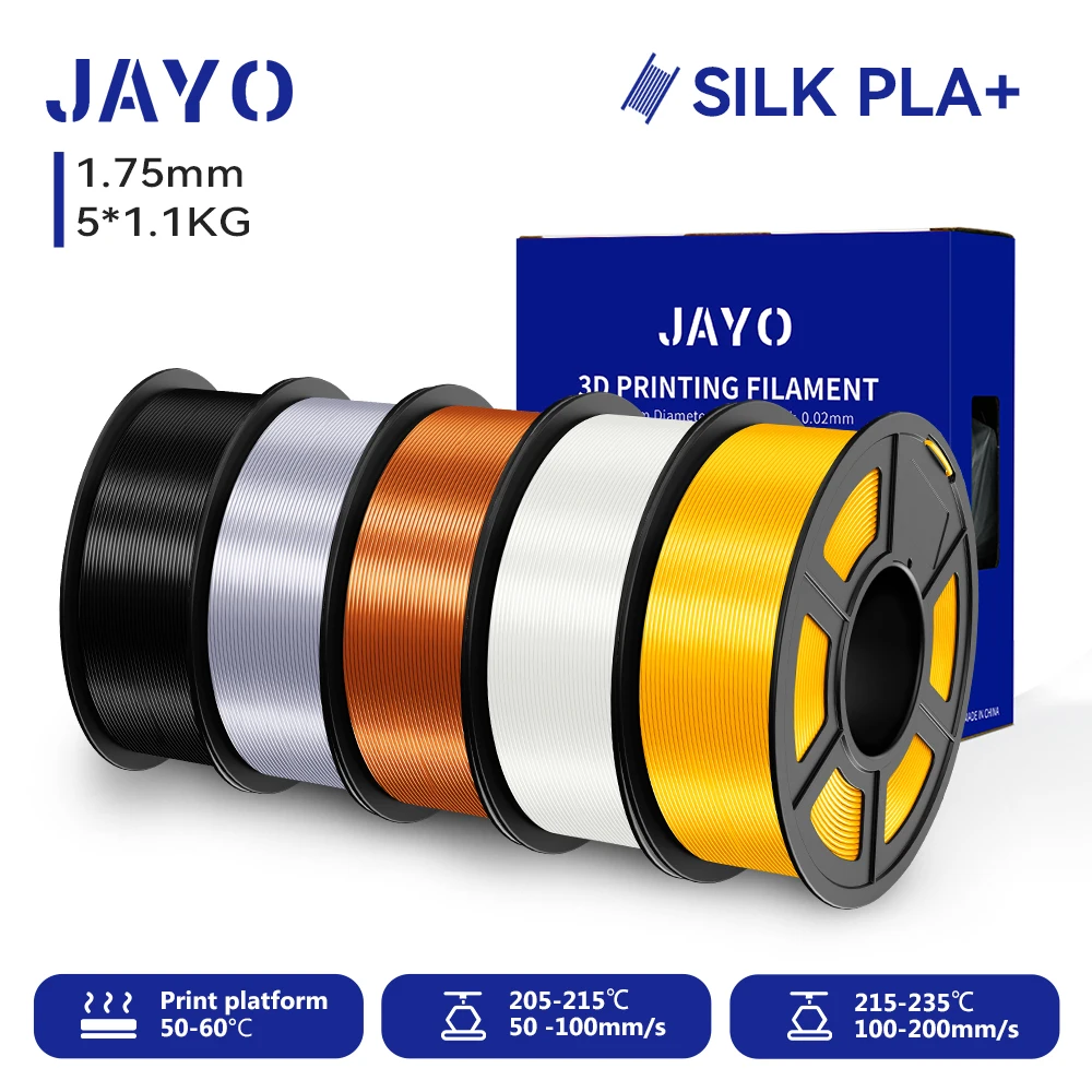 

JAYO 5 рулонов нить для 3D-принтера SILK PLA+, 1,75 мм +/-0,02 мм, шелковая нить для 3D-принтера, аккуратная рана и без пузырьков PLA для 3D-принтера