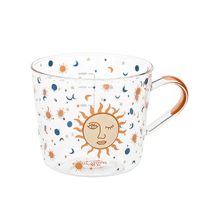 500Ml Creative Scale Glass Mug Breakfast Milk Coffee Cup Household Couple Water Cup Pattern Drinkware Cup -Sun