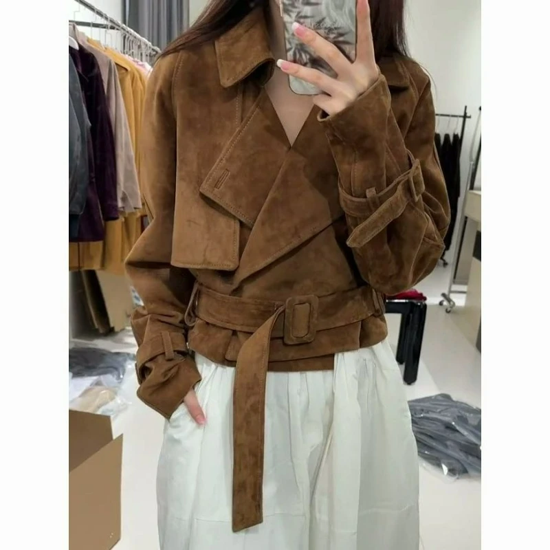 Veste en velours et peau de cerf pour femme, style rétro américain, Design décontracté, polyvalent, amincissant, haut d'extérieur, automne/hiver 2026