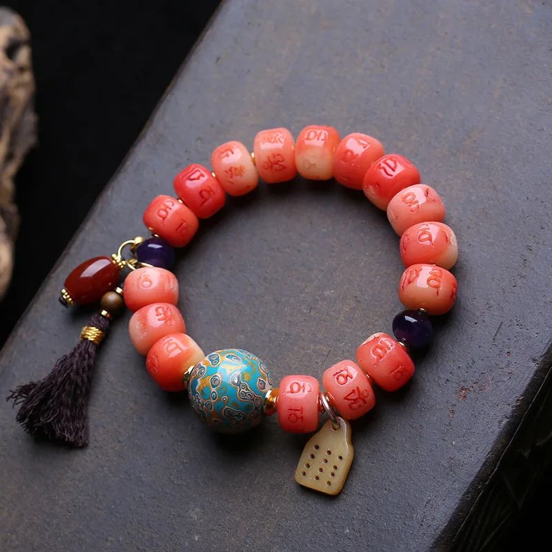 natural-bone-bracelet-with-half-blood-six-character-mantra-single-loop-large-lacquer-beads-agate-tiger-tooth-and-dzi-b