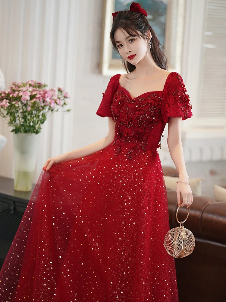 Burgundy Elegant Square Collar Puff Sleeve Chiffon Evening Dress Back Bandage Prom Gowns Cheongsam Robe De Soiree Vestidos