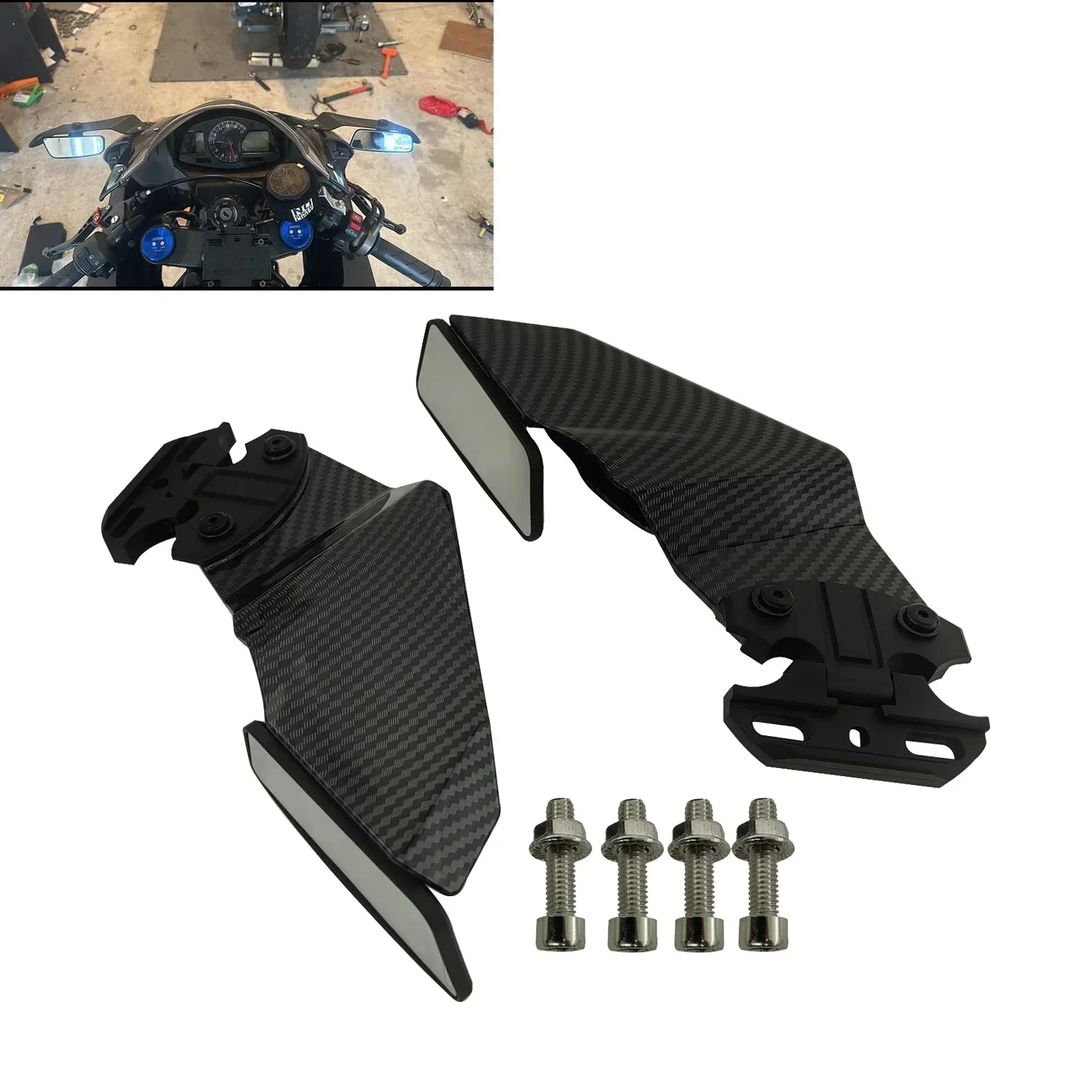 

Pair Carbon Fiber Style Adjustable Side Wing Spoiler Fairing With Rear View Mirrors For Honda Kawasaki Suzuki BMW Yamaha