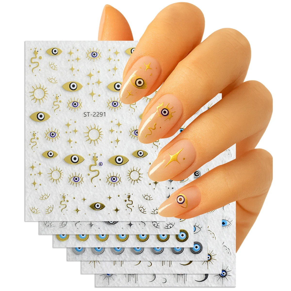 3/6/12 feuilles d'autocollants pour nail art mauvais œil or argent – autocollants auto-adhésifs métalliques mystique lune étoile serpent pour manucure à faire soi-même