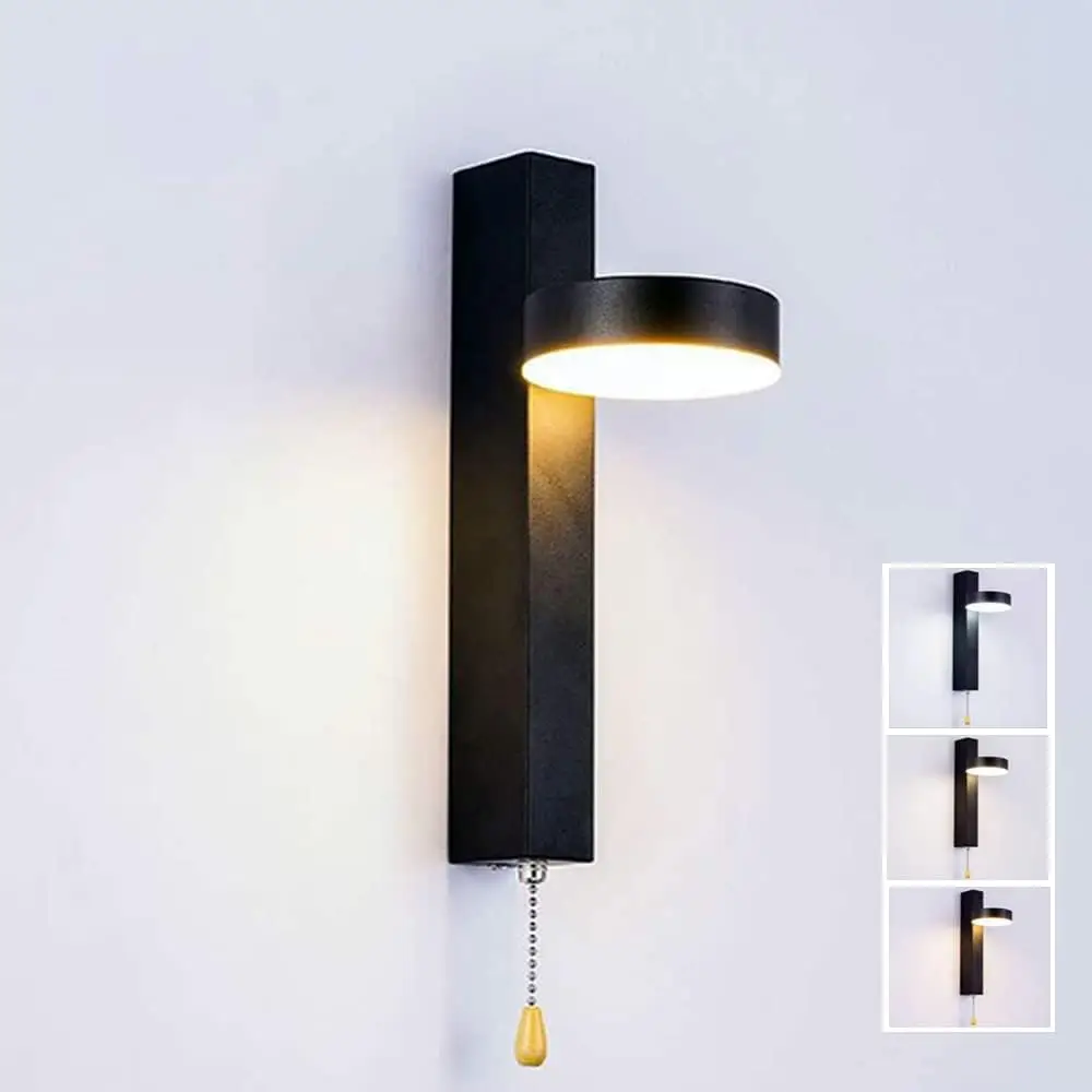 Led Wall Light 9W Tricolor Selectable with Pull Cord Switch 360° Rotatable Indoor Led Wall Lighting Fixture for Living Room