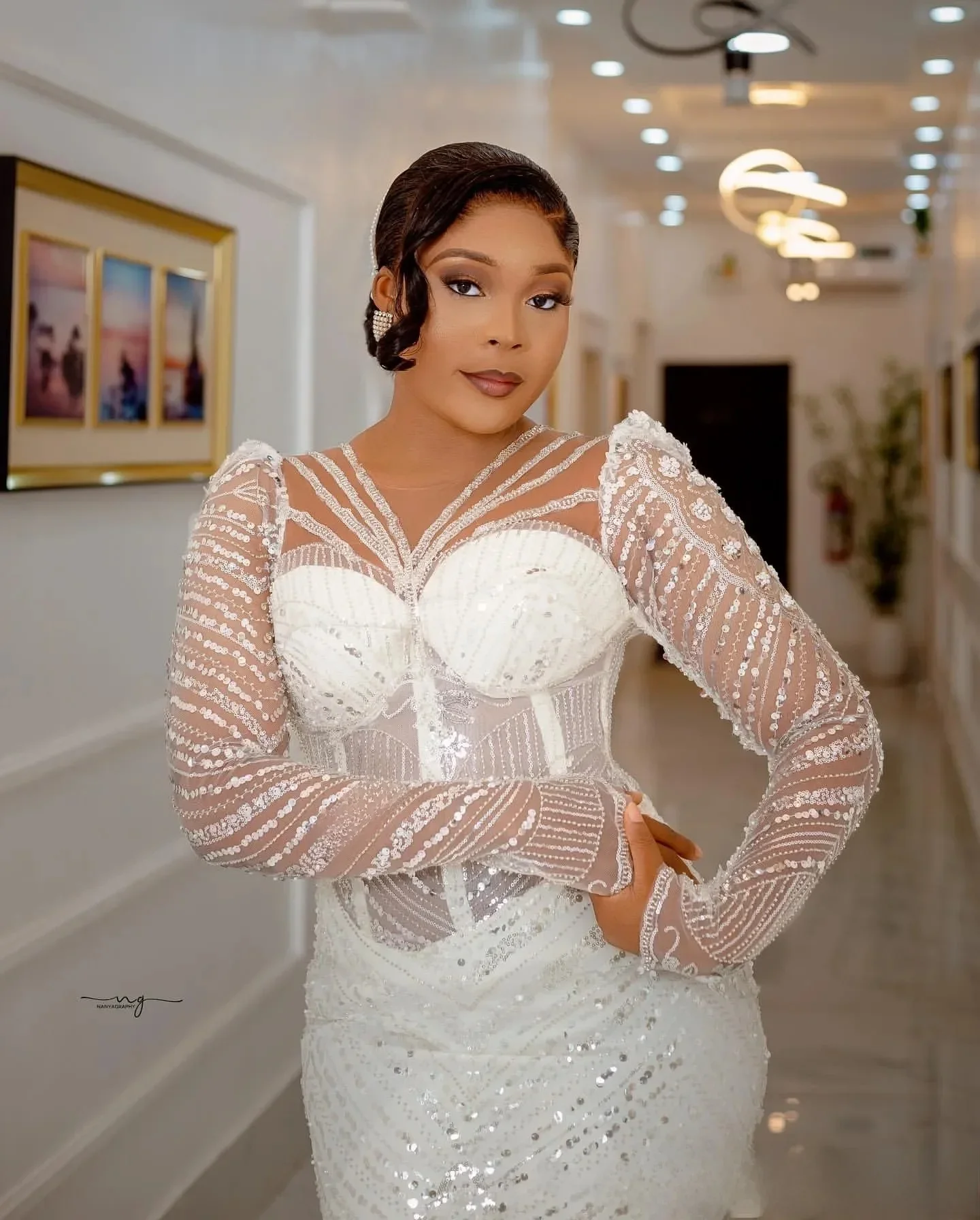 

Customized Arabic Aso Ebi Plus Size Ivory Wedding Dress Beaded Sequined Full Sleeves Sheer Neck Bridal Gowns Dresses