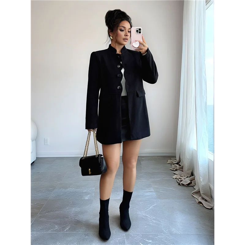 

【OFF-SHELF】Женское зимнее пальто средней длины с воротником-стойкой, однобортное пальто, верхняя одежда