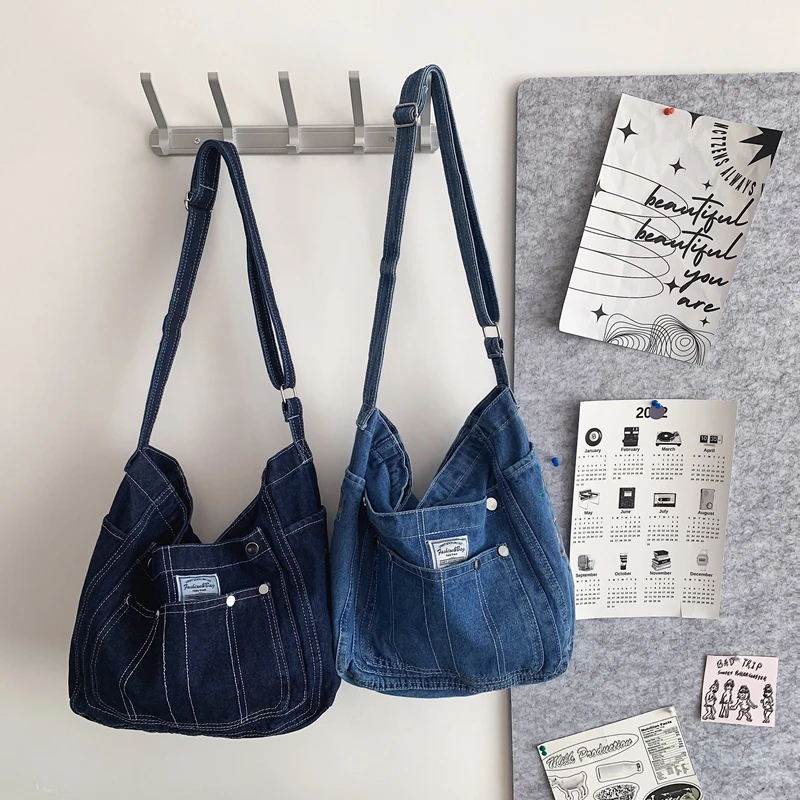 Tote Bag in Denim lavato per donna borsa a tracolla Blue Jean Star ricamo Multi-tasca grande capacità Shopper Messenger Y2K Bag