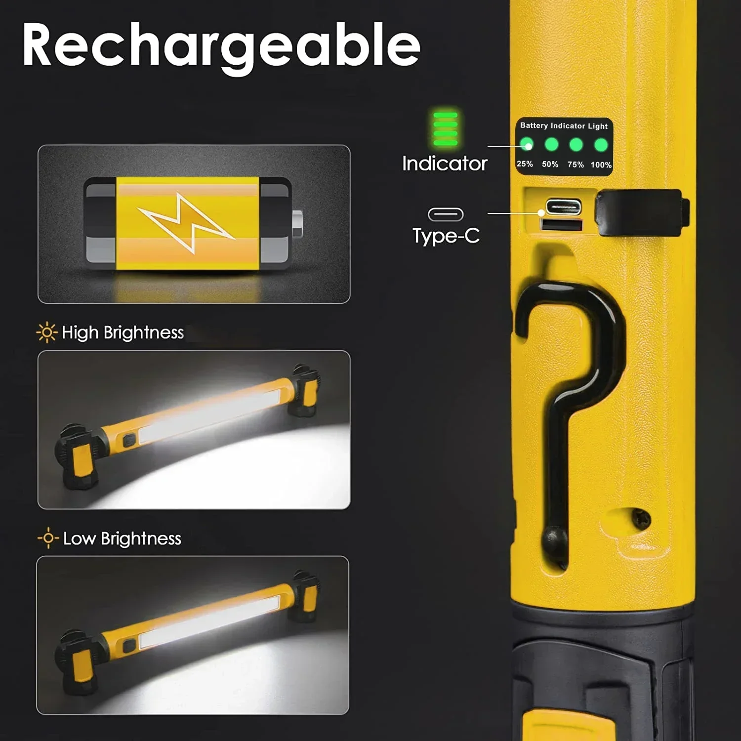 Imagem -02 - Luz de Trabalho Magnética Recarregável Underhood com Ganchos Led de 4400mah Base Magnética Rotativa Reparação de Carros Emergência