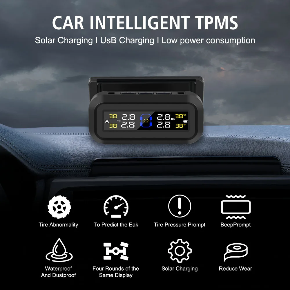 

Digital LCD Display Car TPMS Tyre Temperature Monitor Tire Pressure Monitoring System Auto Security Alarm Solar USB Powered