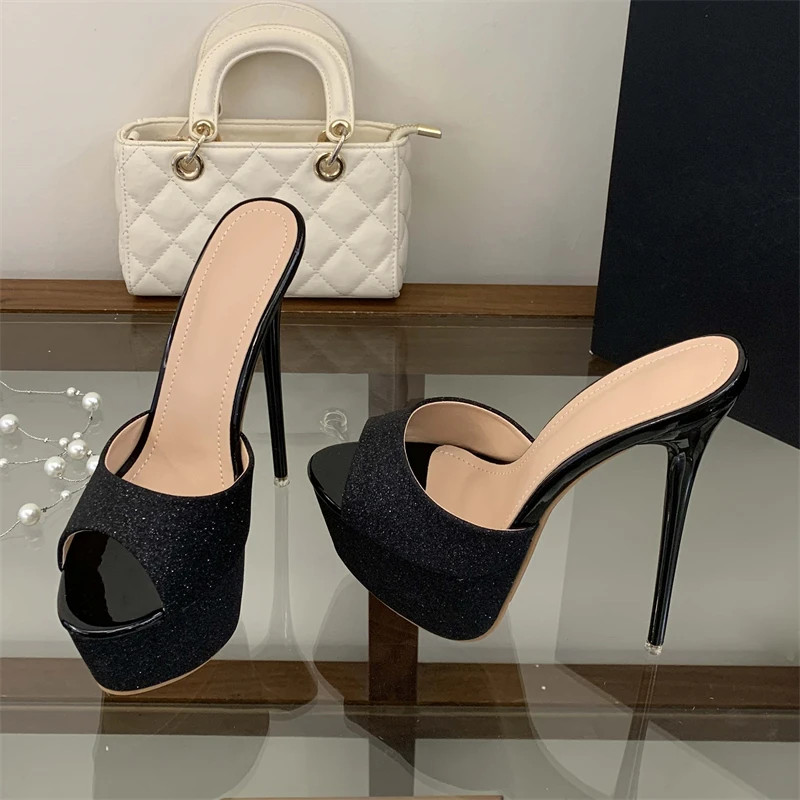 Eilyken Große Größe 46 Neue Sexy Stiletto High Heels Pailletten-Stoff Damen-Pantoletten Modische Plateau-Sandalen mit Offener Spitze