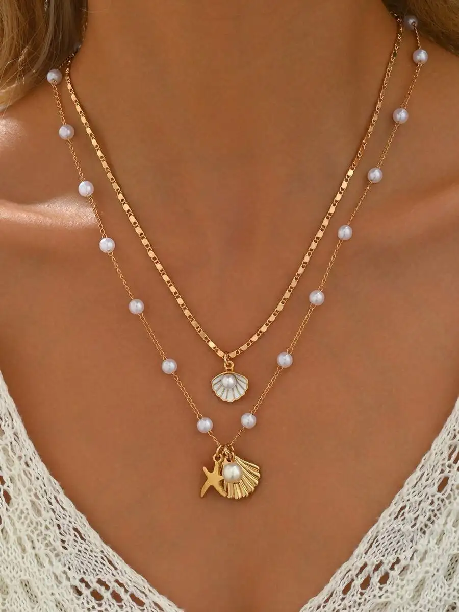 2pcs Beach Style Alloy Faux Pearl & Shell Pendant Necklace Set, Adjustable Chain Length, For Women & Couples