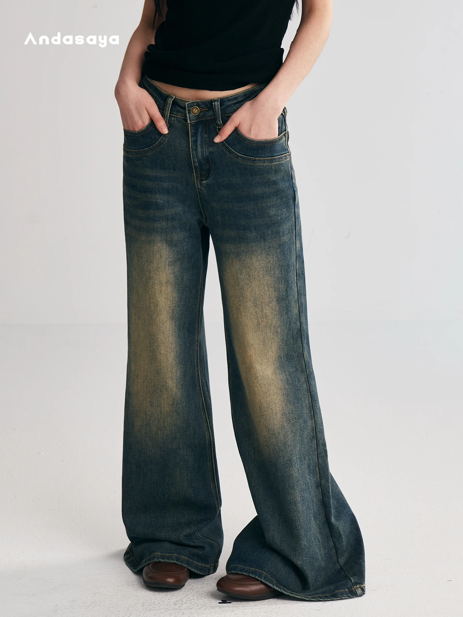 

Andasaya American Retro High Waist Wide Leg Jeans Women's Casual Long Pants Autumn Seasonal Waed out Desert Sle
