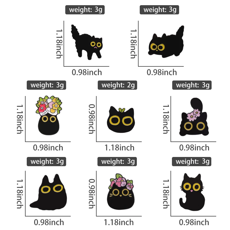 Black Cats Enamel Pins Custom Big Eyes Kitten Brooches Lapel Badges Floral Animal Cartoon Funny Jewelry Gift for Friends