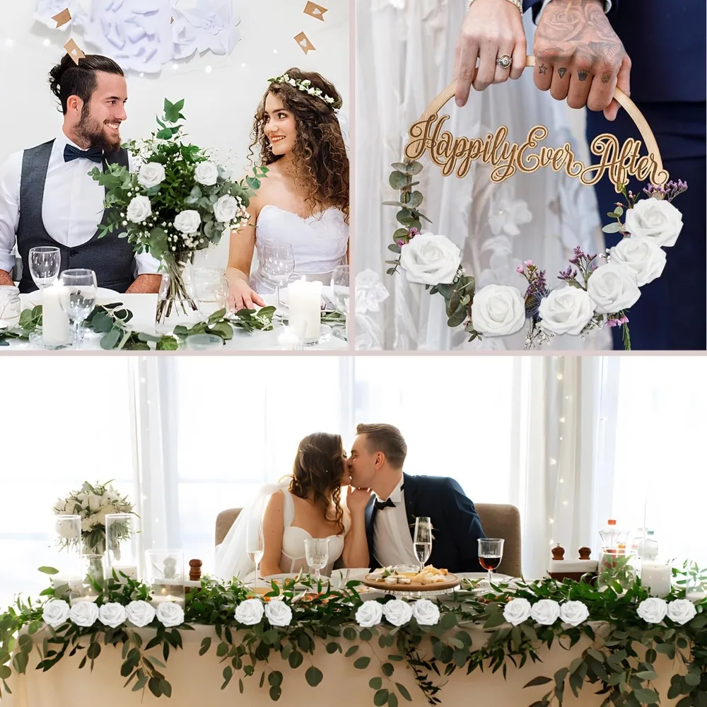 Fiori finti in schiuma di rose bianche artificiali con foglie per bouquet da sposa fai da te, addio al nubilato e decorazioni centrotavola