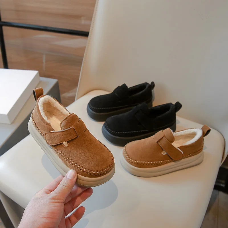 

Зимняя детская обувь, теплая плюшевая хлопковая обувь для мальчиков и девочек, замшевая модная детская повседневная меховая обувь на толстой подошве, универсальная уличная обувь