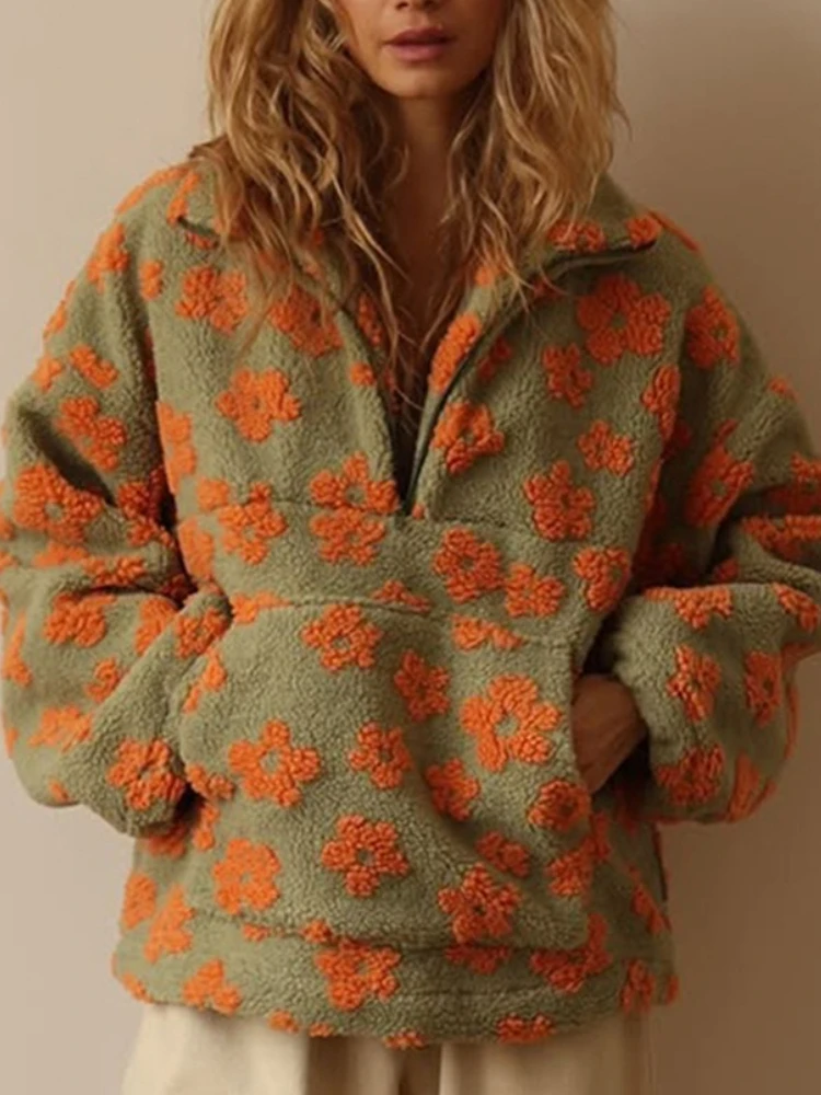 

Fashion Imitation Lamb Wool Printed Loose Zipper Hoodie Long Sleeve Top Women's Sweater Loose Warm Fur Stand Up Pullovers