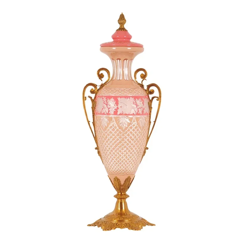 

The Pink Glass Pieces with Gold Colored Brass with Design Bowl Vase with Lid for Living Room Home Decoration Ornament