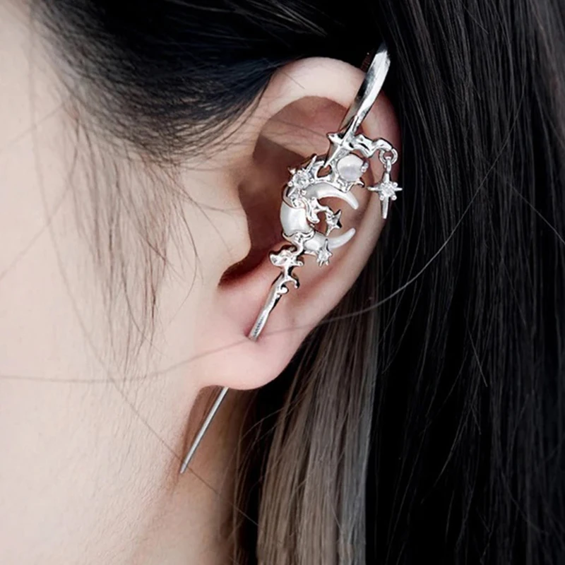 Creative Stars And Moons With Diamonds Earrings Geometric Fashion Personality Cold Wind Earrings Metal Piercing Ear Bridge