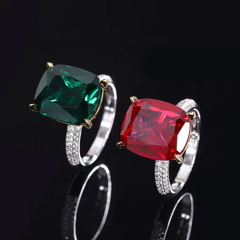 

S925 Full body silver Tiktok hot sale women's color treasure emerald red treasure rectangular jewelry ring main stone 12 * 14