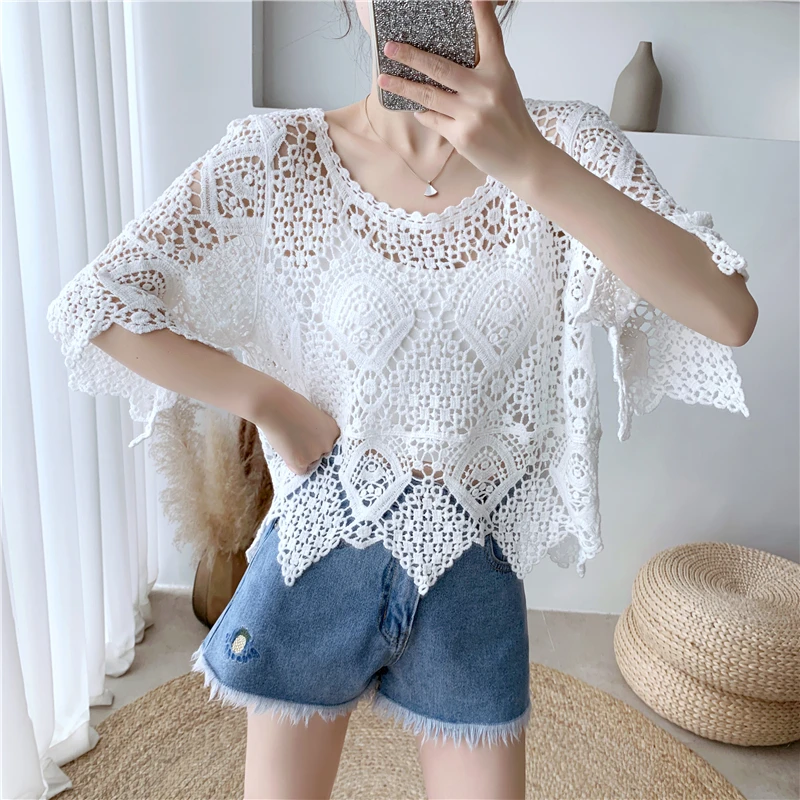 

2025 Thin Women's Top Lace Shirt Hollow Out Pullover Blouse with Skirt Blusas Clothes for Women Tops Shirts Blouses Elegant Chic