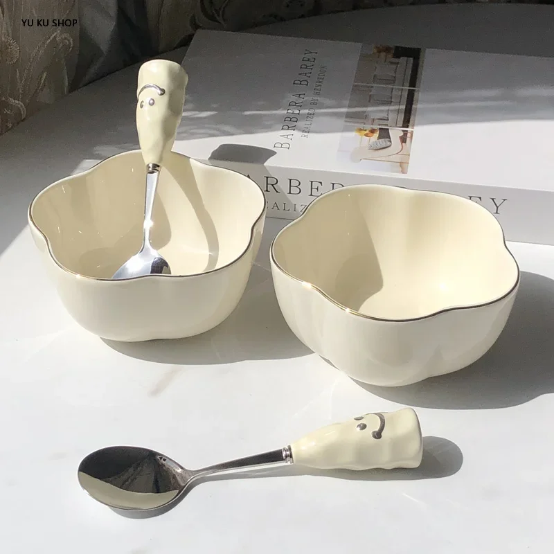 Ceramic Breakfast Bowl White Gold Border Bowl Dish Cute Plate Set Household Dishes Desserts Tableware Underglaze 4.7 Inch