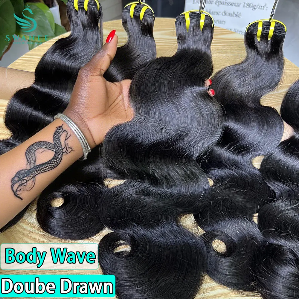 

SWANEE Doube Drawn Body Wave 100% натуральные необработанные пучки натуральных человеческих волос для необработанных женщин, наращивание волос, оптовая продажа