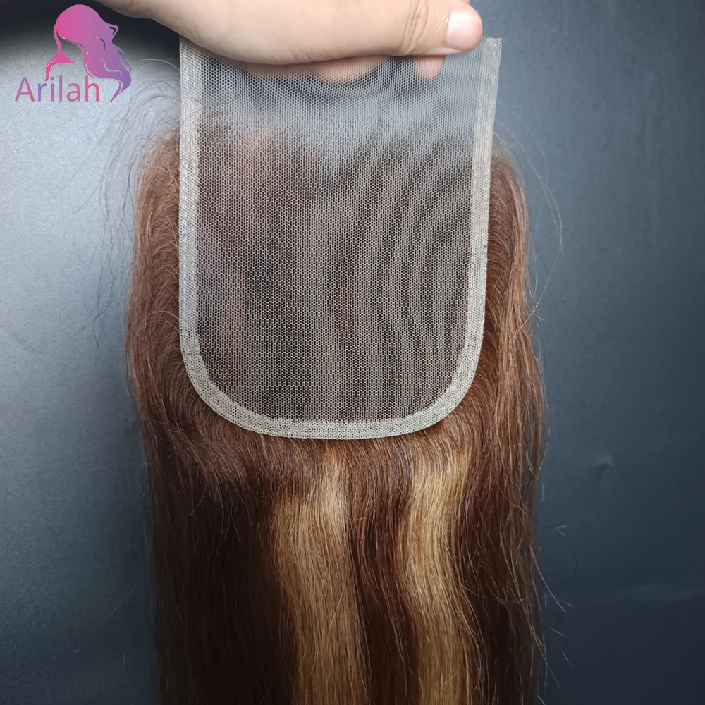 P4/27 4x4 레이스 클로저 하이라이트 스트레이트 인간 헤어 클로저 미리 뽑은 10-22 인치 브라질 버진 헤어 프리 파트 12A 등급