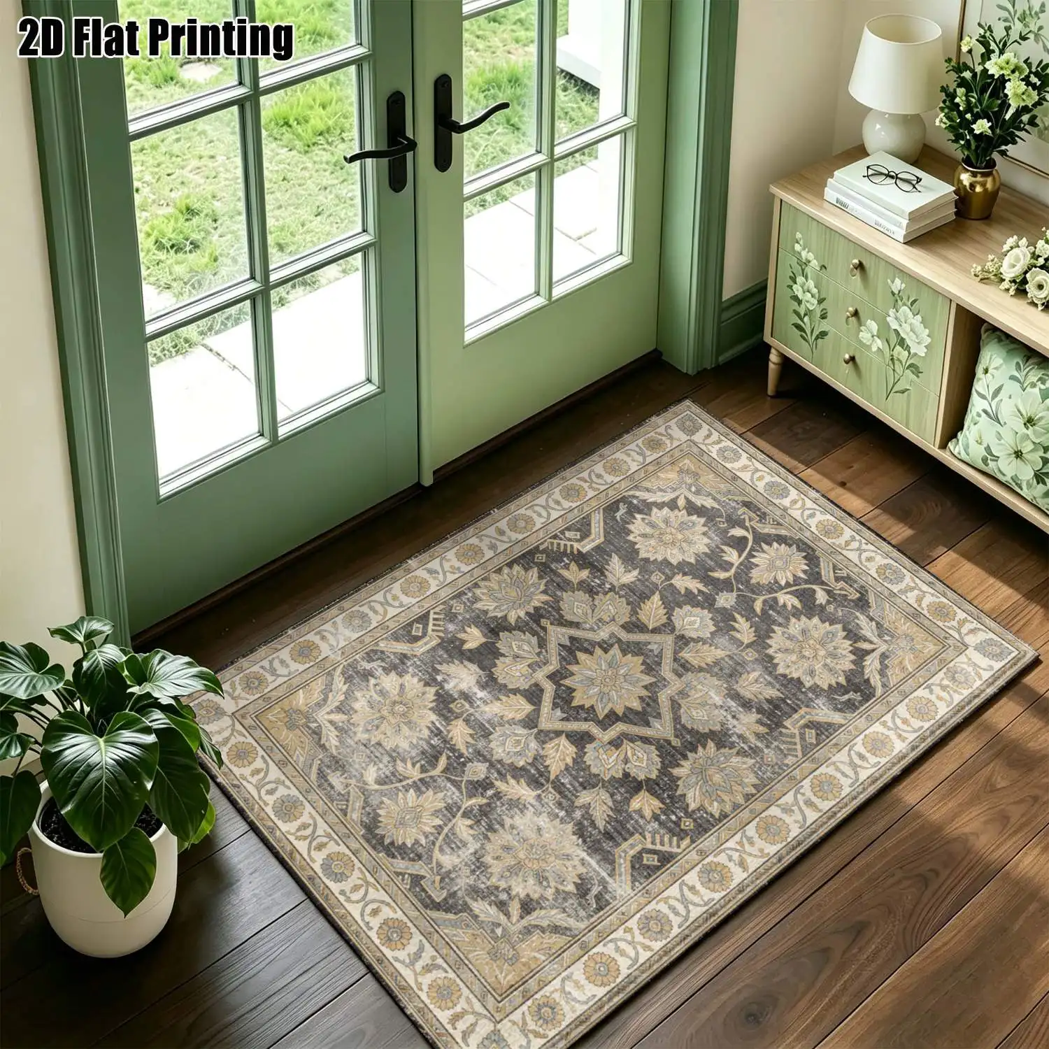 1Pc 2D Printed Carpet with Warm Brown-Grey Retro Floral Pattern, Multi-Size Machine-Washable Rug for Home Decor, Multiple Scenes