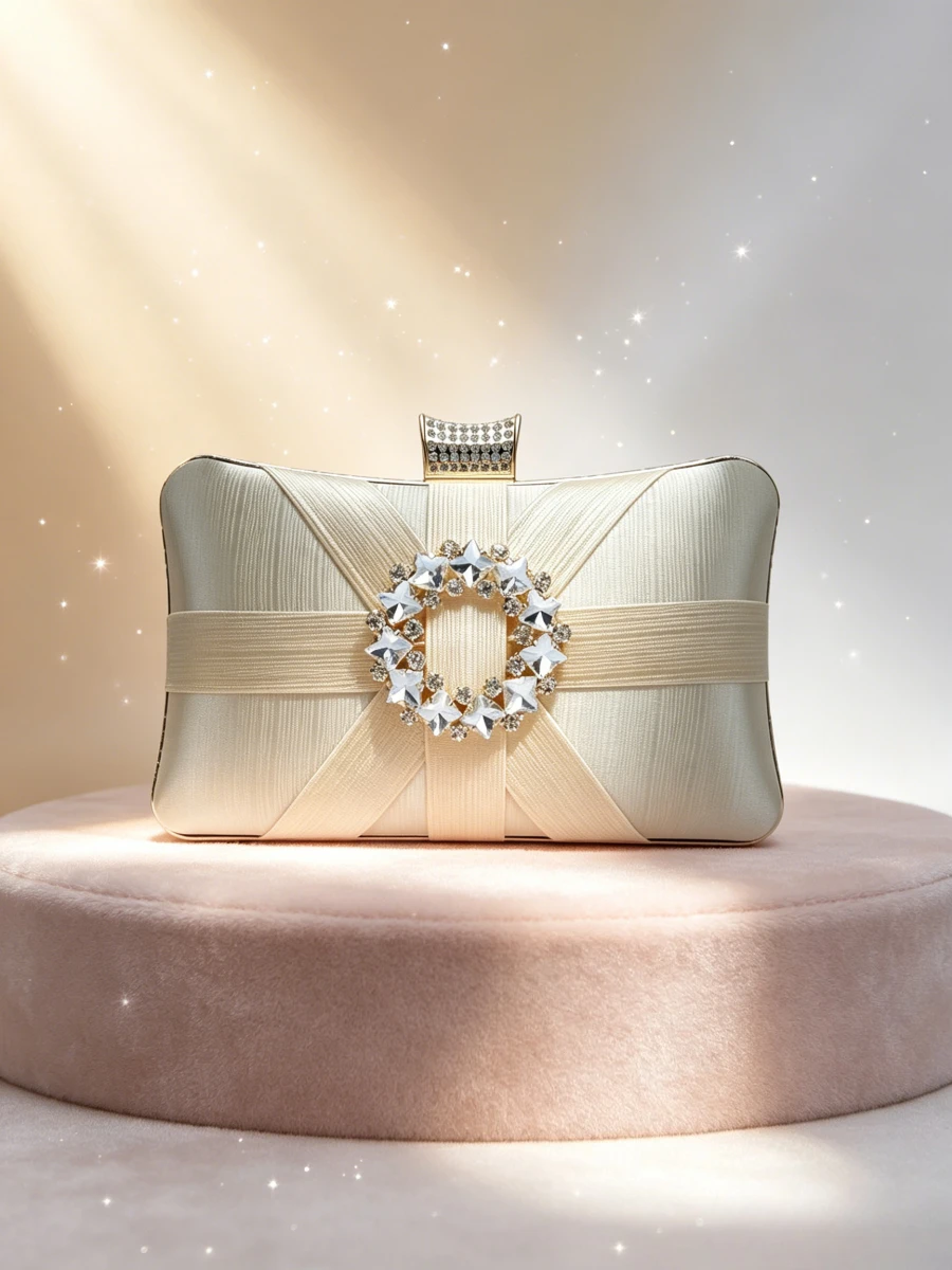 Ivory Satin Cross Ribbon Star Crystal Frame Clutch Bag Women Romantic Evening Handbag For Wedding Prom Cocktail Formal Occasions