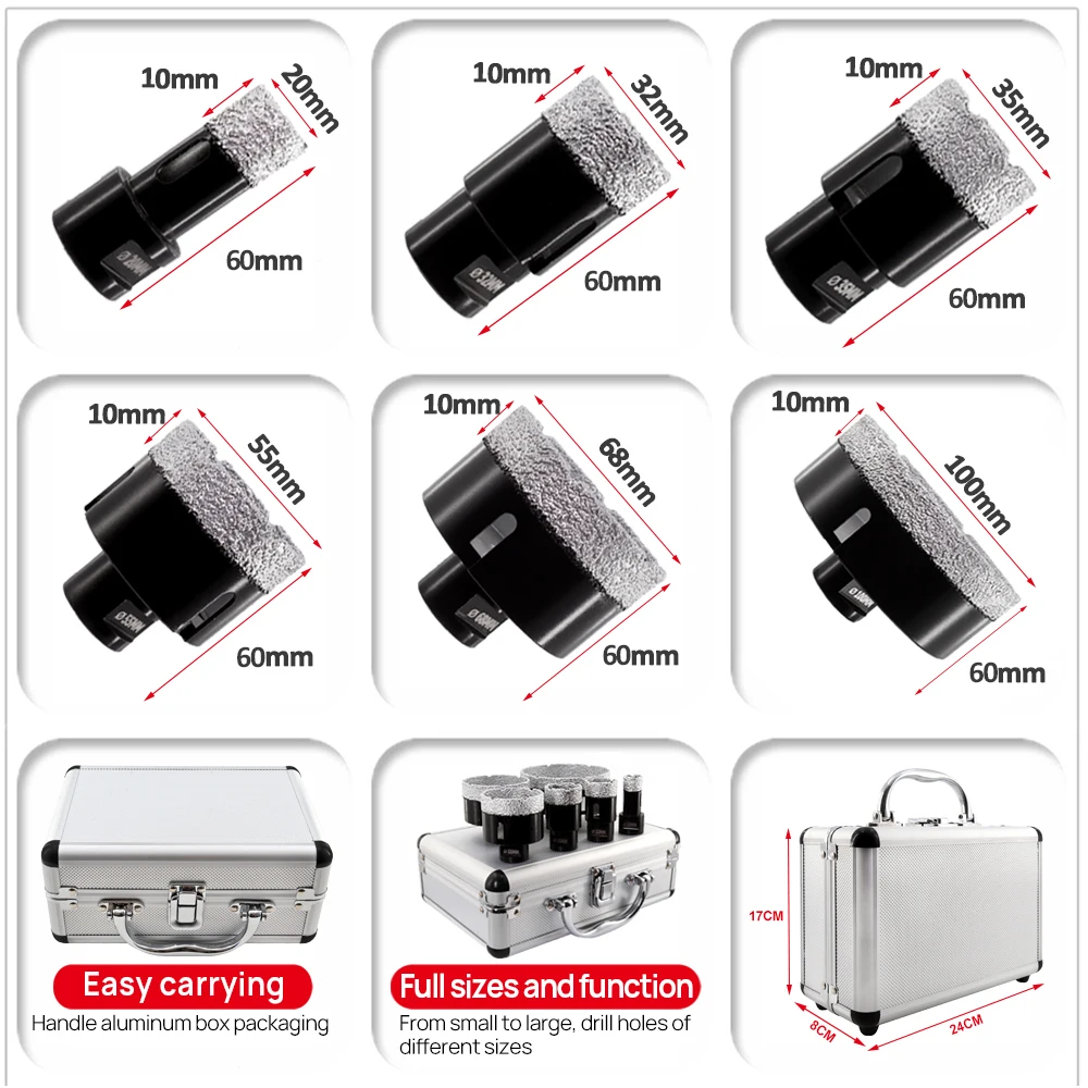 DT-DIATOOL Diamond Dry Use Vacuum Brazed Drilling Core Bits Case Set Porcelain Tiles Granite Marble Hole Saw Tool Kit M14 Thread