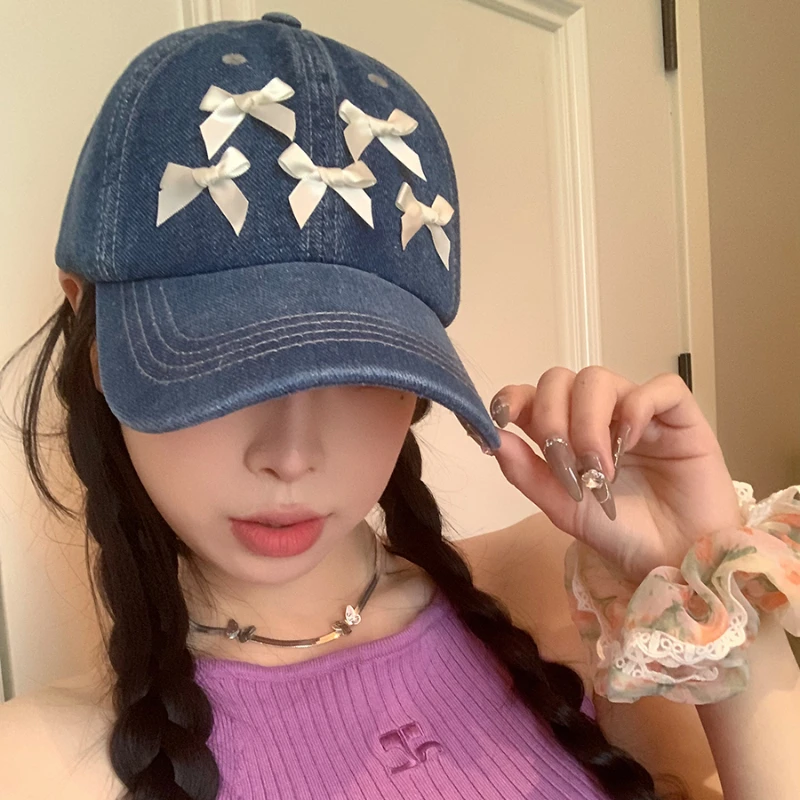 Women's Summer Bow Cap Lace Denim Baseball Cap Cute Three-dimensional Pearl Bow Bent Brim Hat