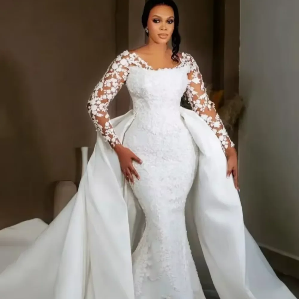 

Elegant Lace Long Sleeve Mermaid Wedding Dress Sparkling Beads Bridal Dress Detachable Skirt Plus Size Wedding Dress Customized