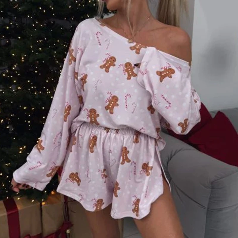 New Christmas Party Nightgown Outfit Long Sleeved Tops& Shorts Suit Winter Snowflake Sleepwear New Year Two Piece Women's Suit