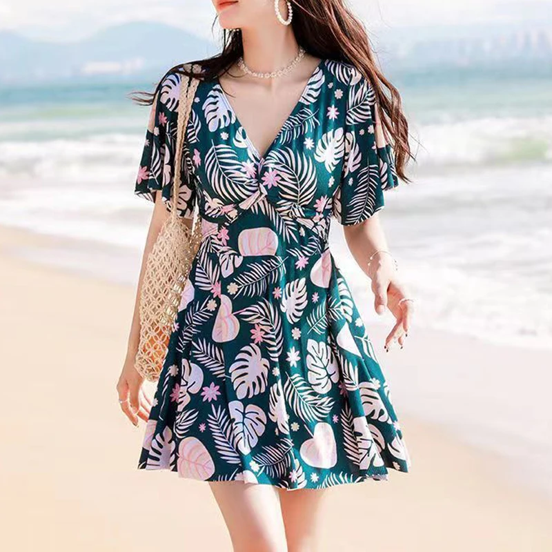 2023 Women Summer Elegant Fashion Printed One Piece Swimsuits Summer Vacation Short Sleeve High Waist Beach Mini Skirt Swimwear