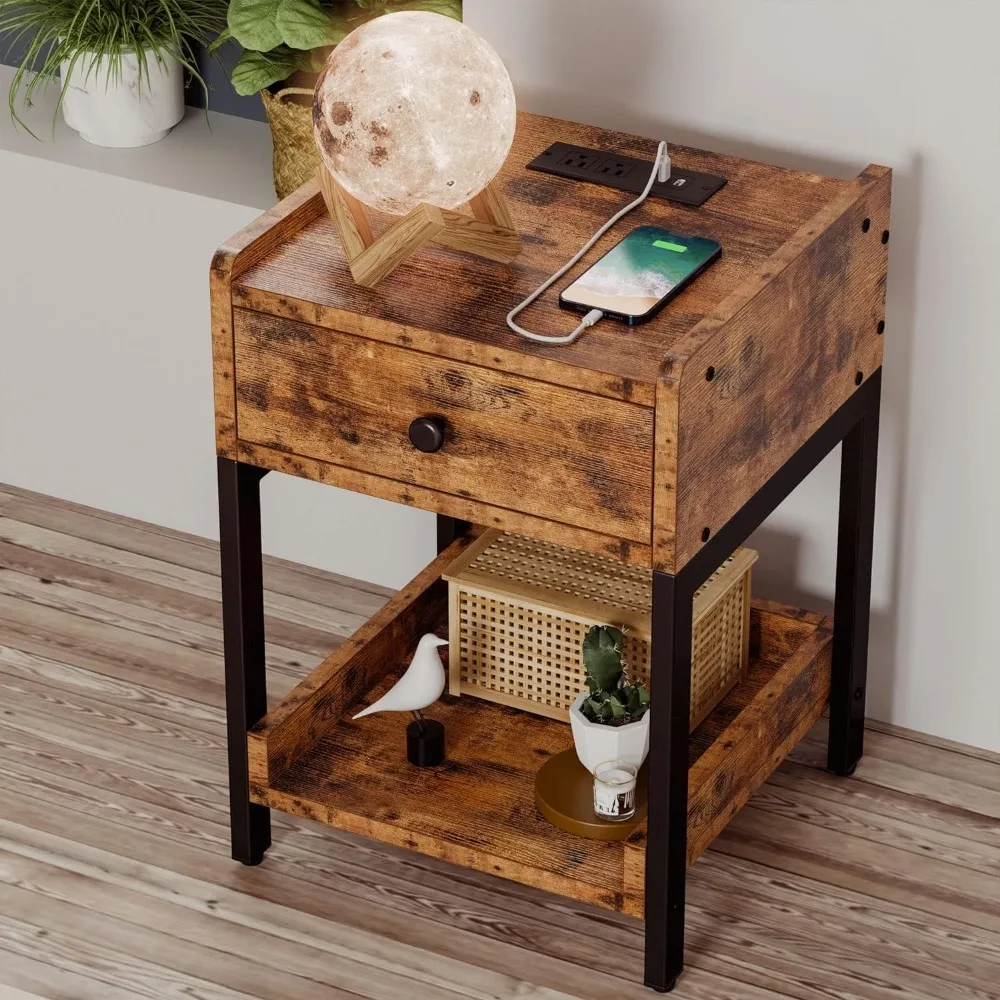 

Nightstand with Storage Drawer and Shelf for Bedroom Bedside Table with Charging Station, Easy Assembly, Stable and Sturdy