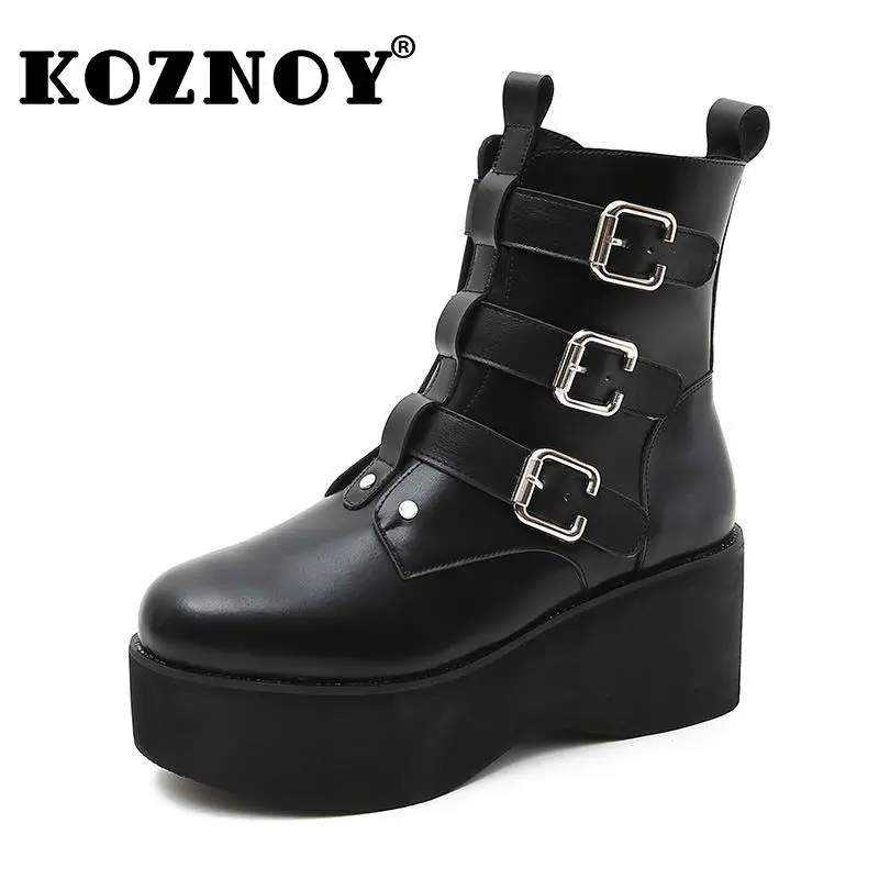 

Koznoy 7.3cm 2024 Microfiber Leather Women Ankle Boots Spring Platform Wedge Chimney Round Toe Zipper Chelsea Autumn ROME Shoes