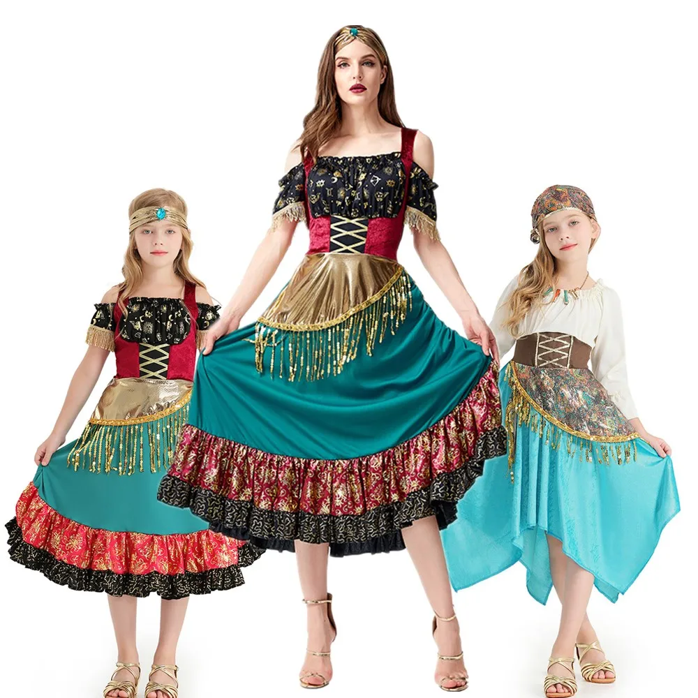 

Halloween Carnival Party Spanish Flamenco Gypsy Girl Cosplay Costume Purim Fantasia Tribal Belly Dance Parent-child Fancy Dress