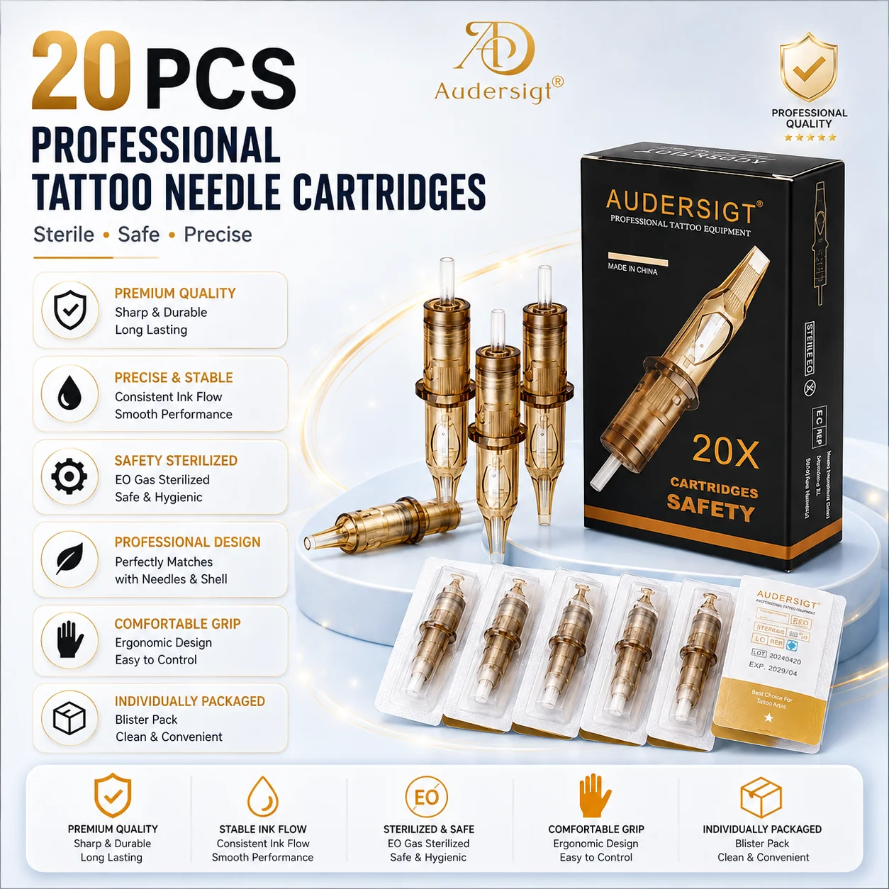 20PCS Professional Tattoo Cartridge Needles Disposable Sterile EO Gas Tattoo Needle Cartridges for Rotary Tattoo Machine