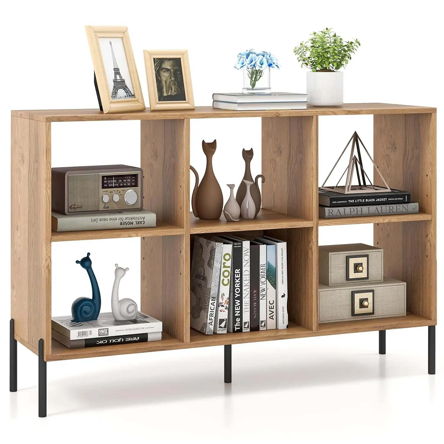 6-Cube Low Bookshelf 2-Tier Wood Storage Bookcase Metal Legs Adjustable Shelf Anti-toppling Organizer Home Office, Customized